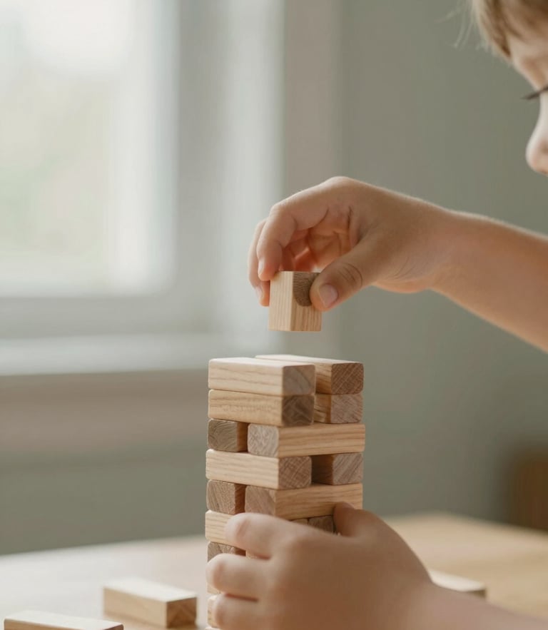 Eye-level close-up of a young child's hands carefully placing a wooden block on a tower, soft morning light filtering through a window, muted sage and oat background, shallow depth of field, 35mm.