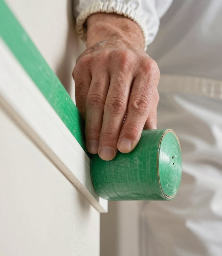 Extreme close-up of a painter's hand in a clean white branded overall applying crisp green painters tape to a baseboard edge. Sharp high-contrast natural light showing plaster texture.