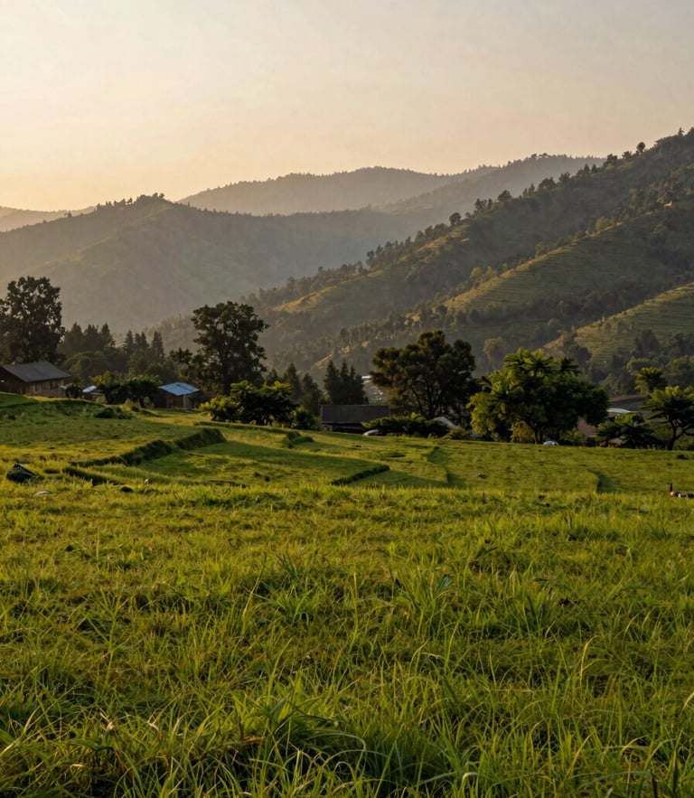Wide-angle editorial landscape photography of lush green open plots in Kashipur at golden hour, Himalayan foothills soft in the background, warm natural light, 35mm
