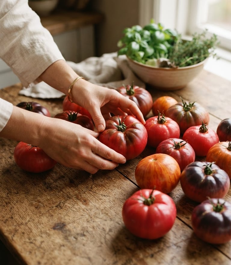 Warm editorial photography, soft natural Scandinavian daylight, hands arranging fresh heirloom tomatoes on a rustic wooden table, rich crimson tones, shallow depth of field