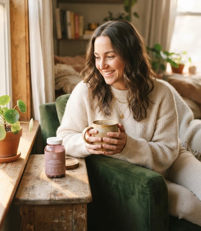 A woman in a soft, comfortable home environment bathed in golden-hour window light, holding a warm ceramic mug with a dusty rose supplement bottle on a nearby wooden table, shallow depth of field, 35mm