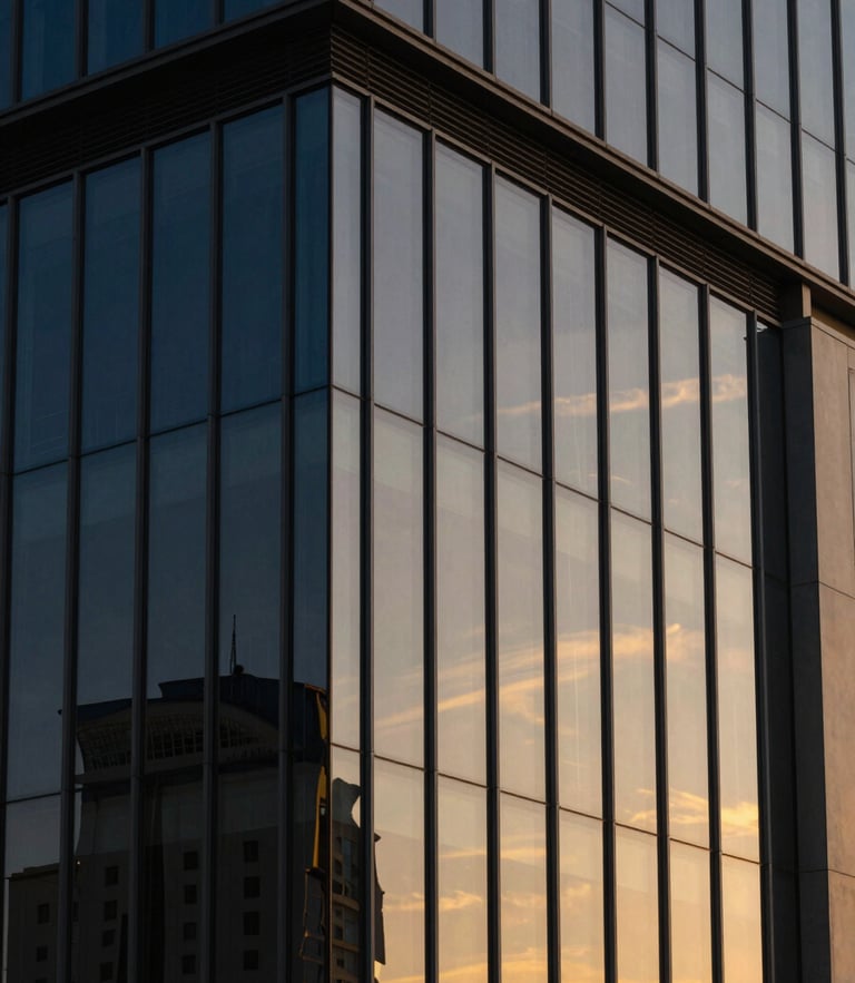 Dramatic golden-hour architectural light reflecting on a modern glass facade in Dammam, clean corporate lines, 35mm lens.