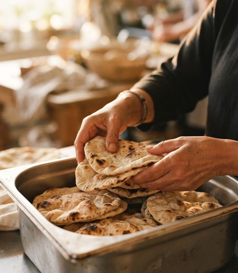 Dignified close-up of hands carefully packing fresh, warm flatbreads into clean distribution containers under soft golden daylight.