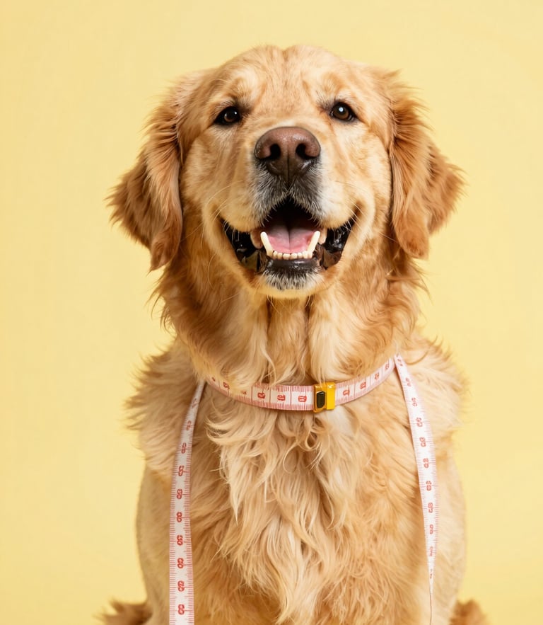 A cheerful golden retriever looking up with a soft measuring tape gently draped around its neck, bright studio lighting, soft yellow background, warm and friendly pet photography