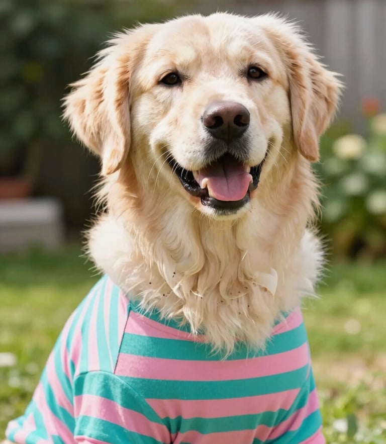 Bright eye-level portrait of a happy golden retriever wearing a colorful teal and pink striped shirt, sunny outdoor garden background, soft focus