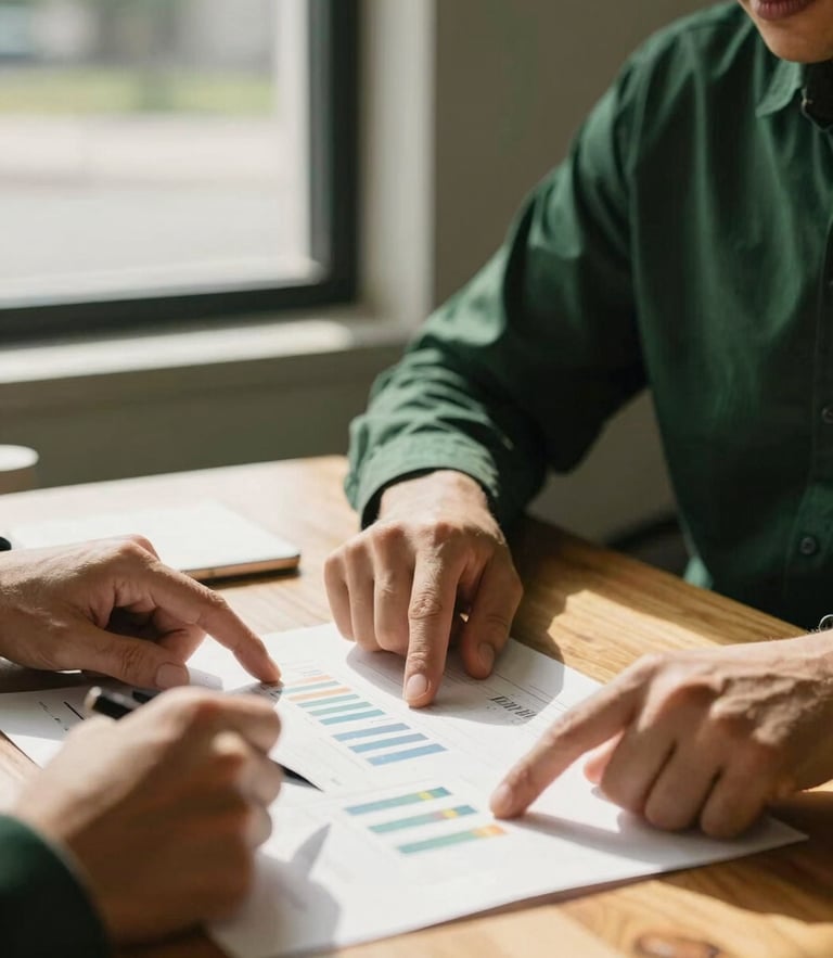 Medium close-up of a collaborative financial consultation, warm California daylight streaming through a window, hands pointing at printed charts on a wooden table, deep forest green accents, 35mm.