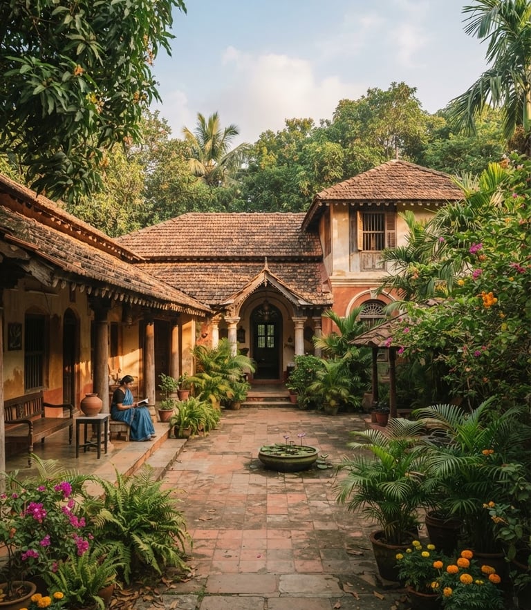 Wide shot of a peaceful terracotta-tiled villa courtyard in Shantiniketan, surrounded by lush green trees under soft morning sunlight, architectural detail, 35mm lens