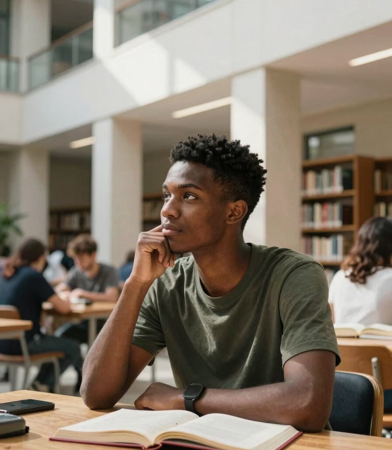 A young African student in a modern architectural library in Istanbul, warm natural light, thoughtful expression, 35mm lens.
