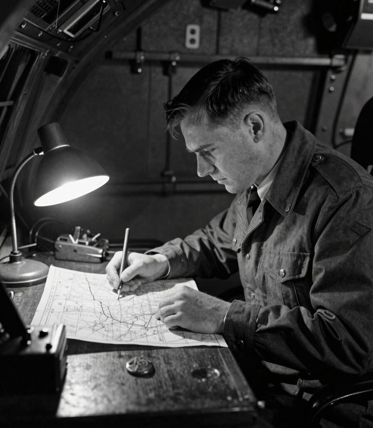 Archival monochrome photograph of a WWII RAF navigator at his desk inside a Lancaster bomber, focused on a map under a small desk lamp, deep shadows, vintage film grain.