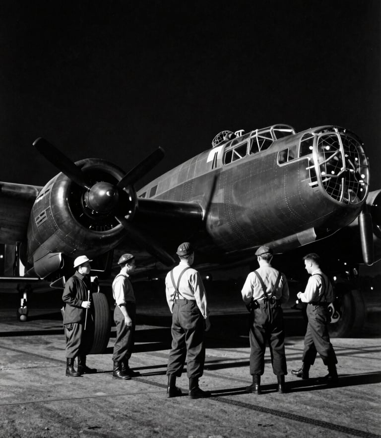 Archival monochrome photograph of a Lancaster bomber crew preparing for a night mission, dramatic high-contrast lighting, 1940s RAF airfield