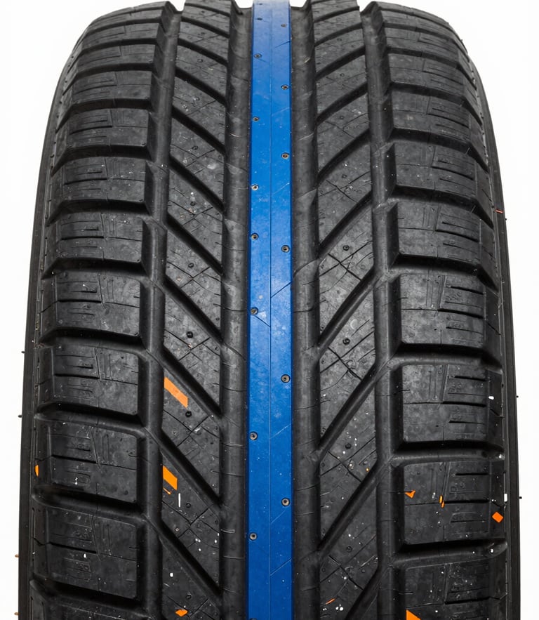 Sharp close-up of a brand new high-performance tire tread pattern, bright high-key workshop lighting, vivid blue accents, sharp focus, 35mm, portrait aspect ratio