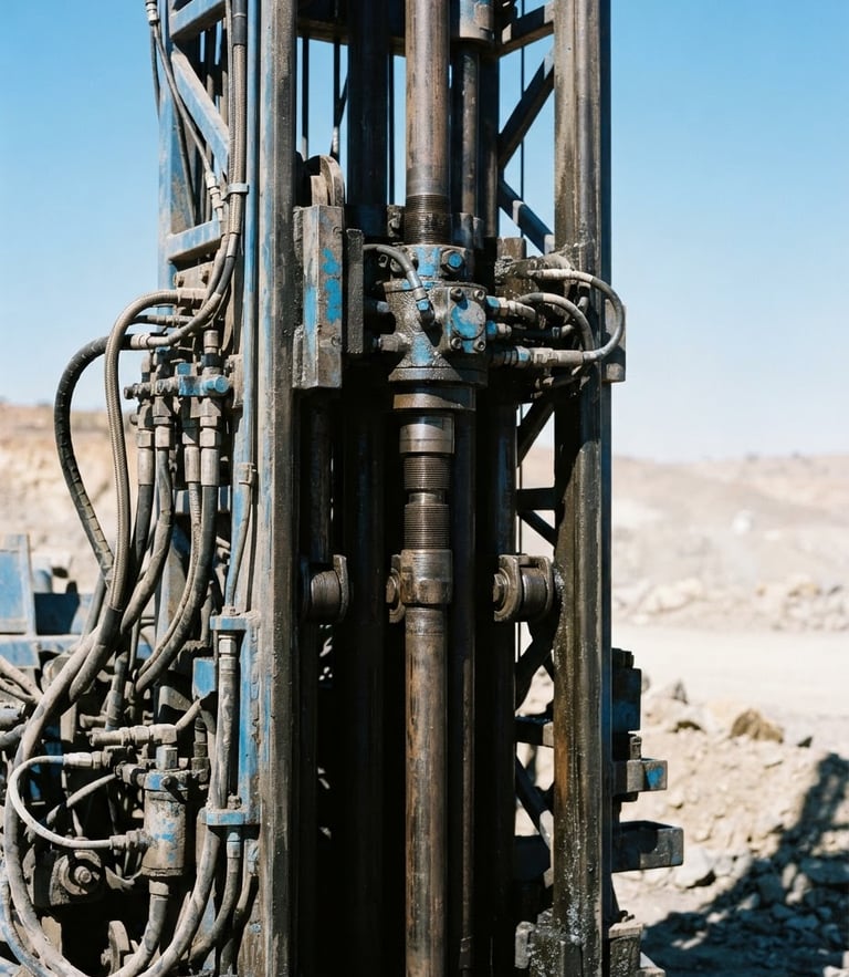 Close-up of a heavy-duty hydraulic borehole drilling rig mast with steel pipes, high-contrast South African sunlight, industrial blue tones, 35mm