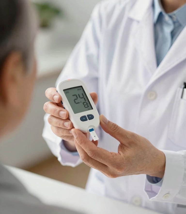 Warm editorial healthcare photography, close-up of a pharmacist in a clean white coat kindly handing a glucose monitor to an older patient, soft natural daylight, shallow depth of field.