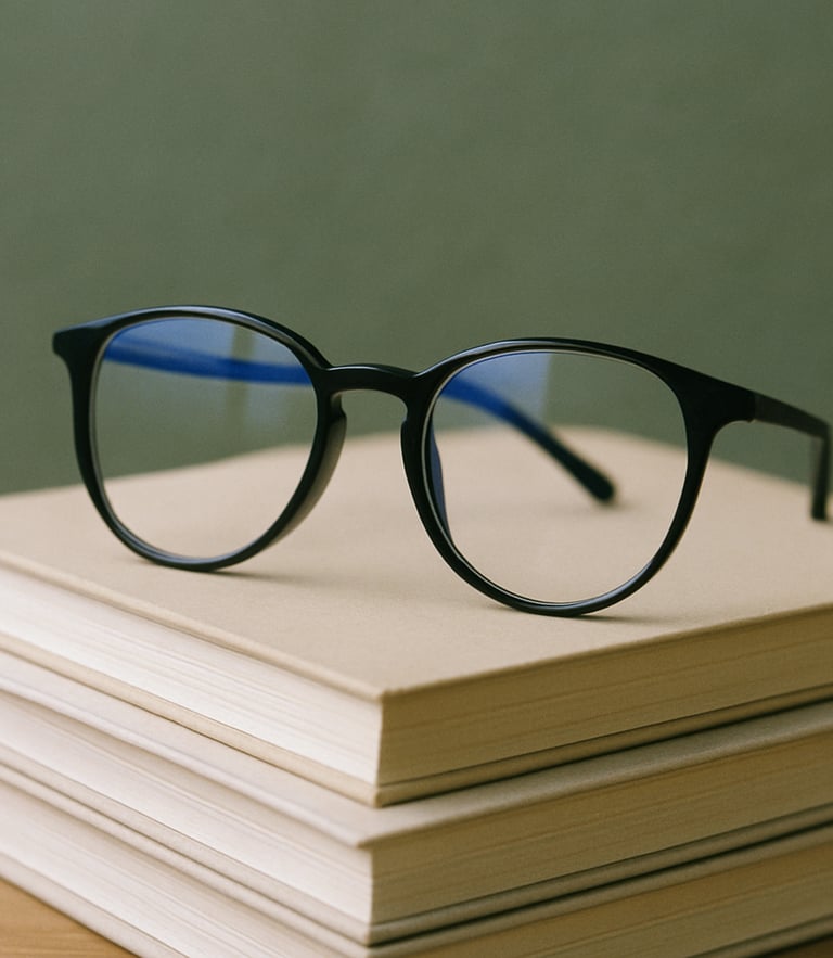 Close-up of minimalist blue-light blocking glasses resting on a stack of scientific journals, soft natural overcast light, muted forest green background, 35mm film aesthetic.