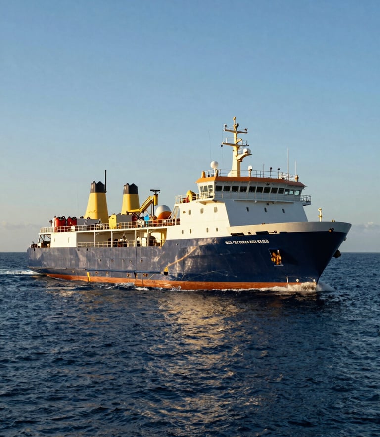 A modern marine supply vessel navigating through high-contrast deep blue waters under clear daylight, wide-angle lens