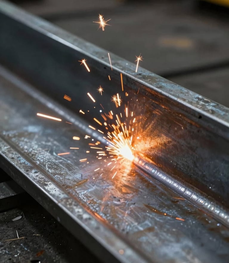 Close-up of clean MIG weld bead on heavy structural steel plate, bright orange sparks flying, dramatic side-lighting, 35mm