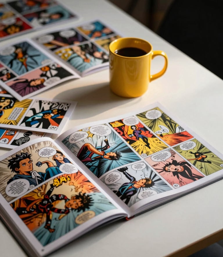 Dutch angle shot of a messy designer desk, scattered comic-book zines, a bright yellow coffee mug, hard flash lighting creating sharp drop shadows.