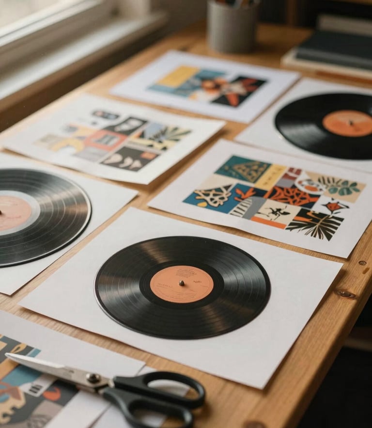 Warm editorial photography of a cozy studio desk covered in physical vinyl mockups, paper scraps, scissors, and analog collage elements, warm golden hour light pouring from a window, shallow depth of field, 35mm