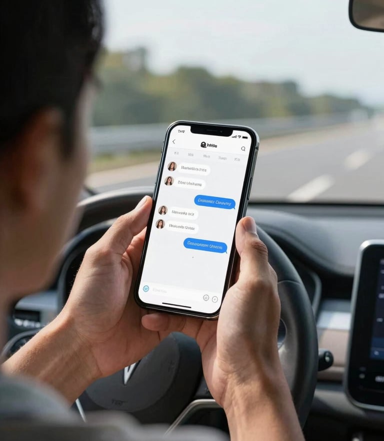 Over-the-shoulder shot of a driver holding a smartphone with a clean chat interface, bright daylight, clear highway visible through the windshield, high contrast.