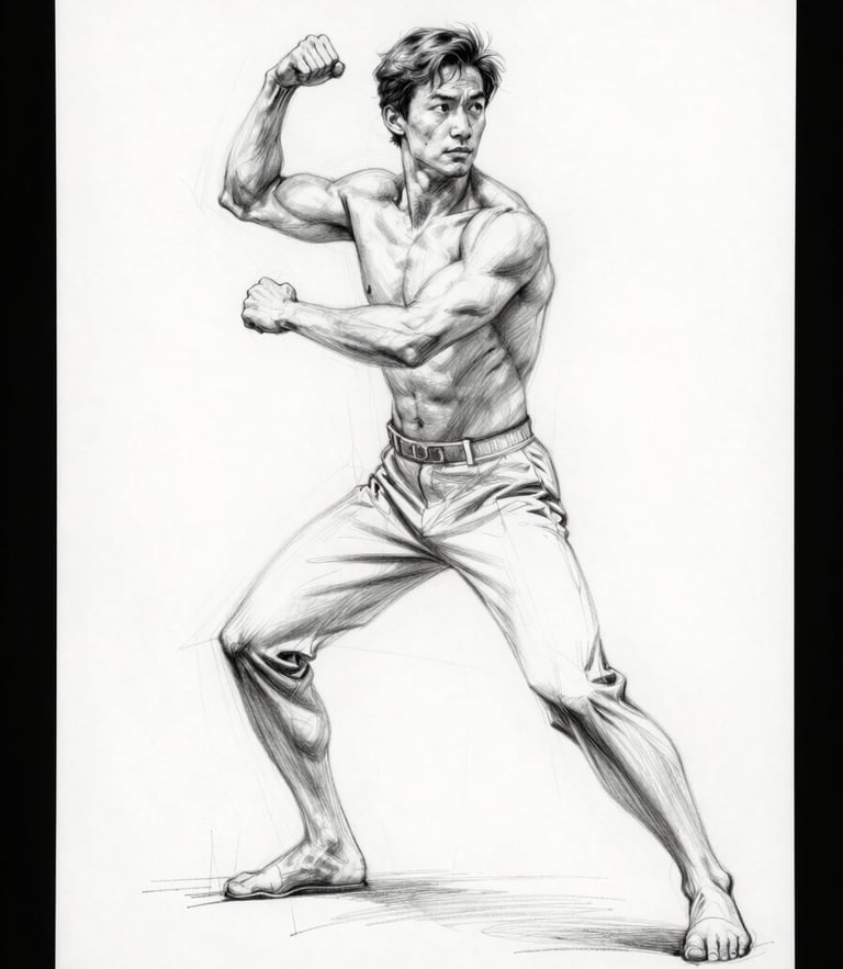 A vertical portrait character sheet showing expressive gesture sketches of an athletic figure in motion, clean pencil lines on a stark white digital canvas.