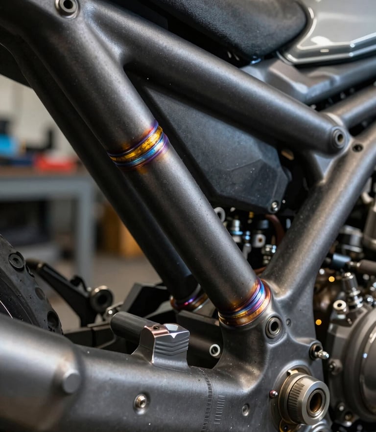 Extreme close-up of raw golden TIG welds on a matte charcoal motorcycle frame, hard high-contrast side lighting, industrial workshop background, portrait orientation.