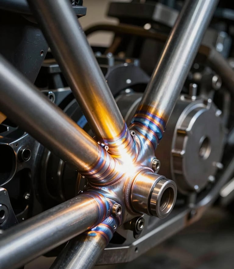 Extreme close-up of raw, exposed TIG welds on a custom motorcycle steel frame, dramatic high-contrast yellow sodium streetlamp glare, heavy shadows, industrial texture.