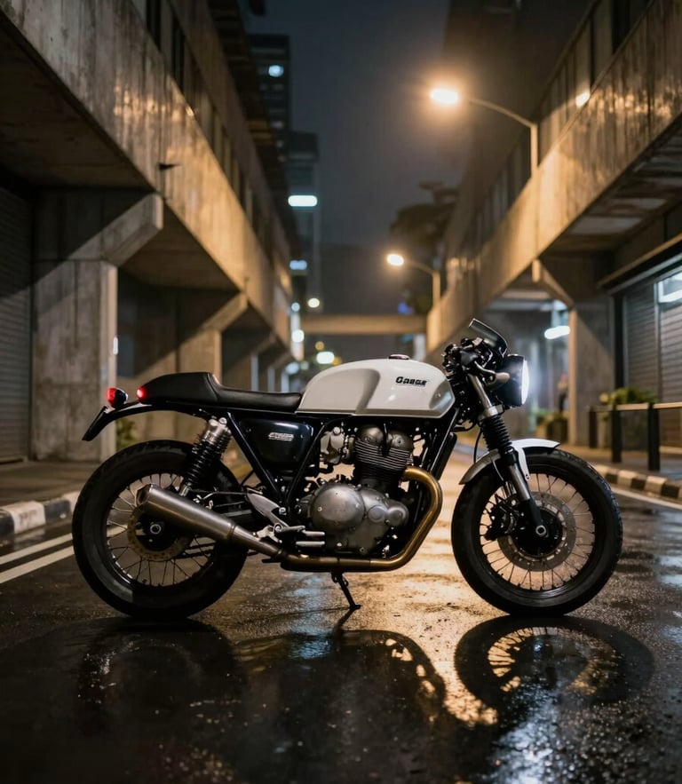 Wide low-angle shot of a custom cafe racer motorcycle speeding through a dark Jakarta concrete canyon at night, motion blur, yellow streetlights reflecting off the wet asphalt.
