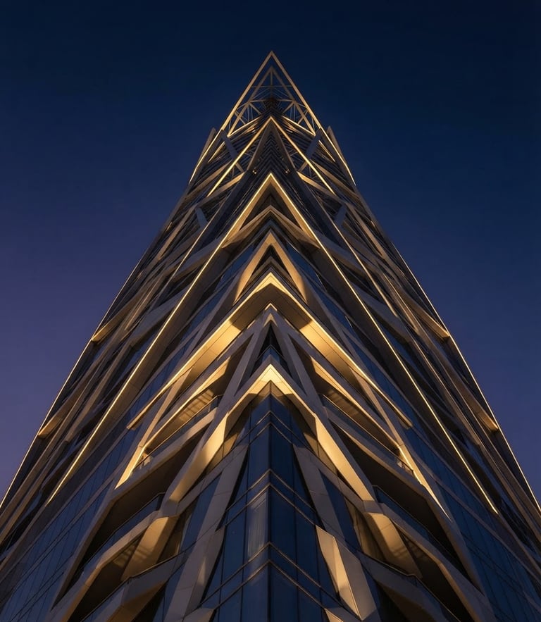 Dramatic low-angle architectural shot of a modern Dubai skyscraper crown at twilight, sharp geometric shadows, gold lighting accents