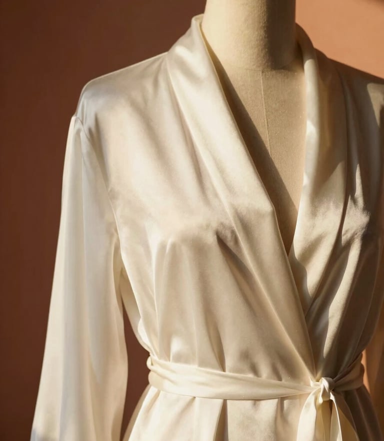 Close-up of draped ivory raw silk robe on a vintage mannequin, soft morning golden-hour light filtering through a window, warm terracotta shadows