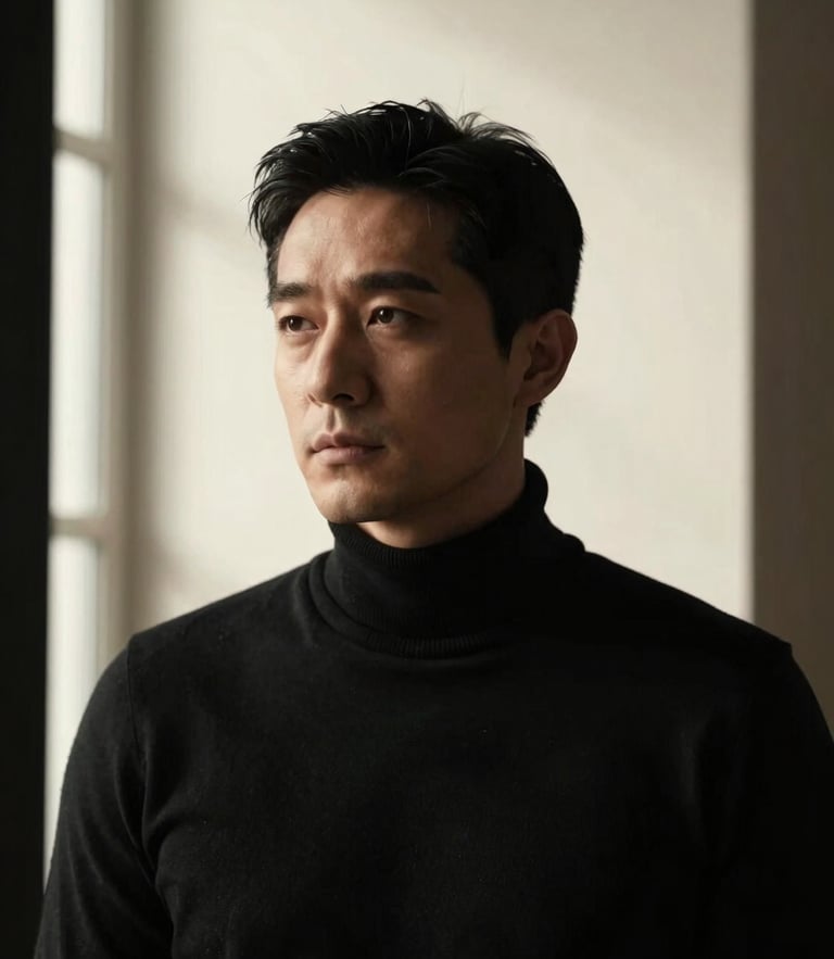 Cinematic portrait of a male creative director in a black turtleneck, looking thoughtfully away, dramatic chiaroscuro lighting, rich monochrome, 85mm