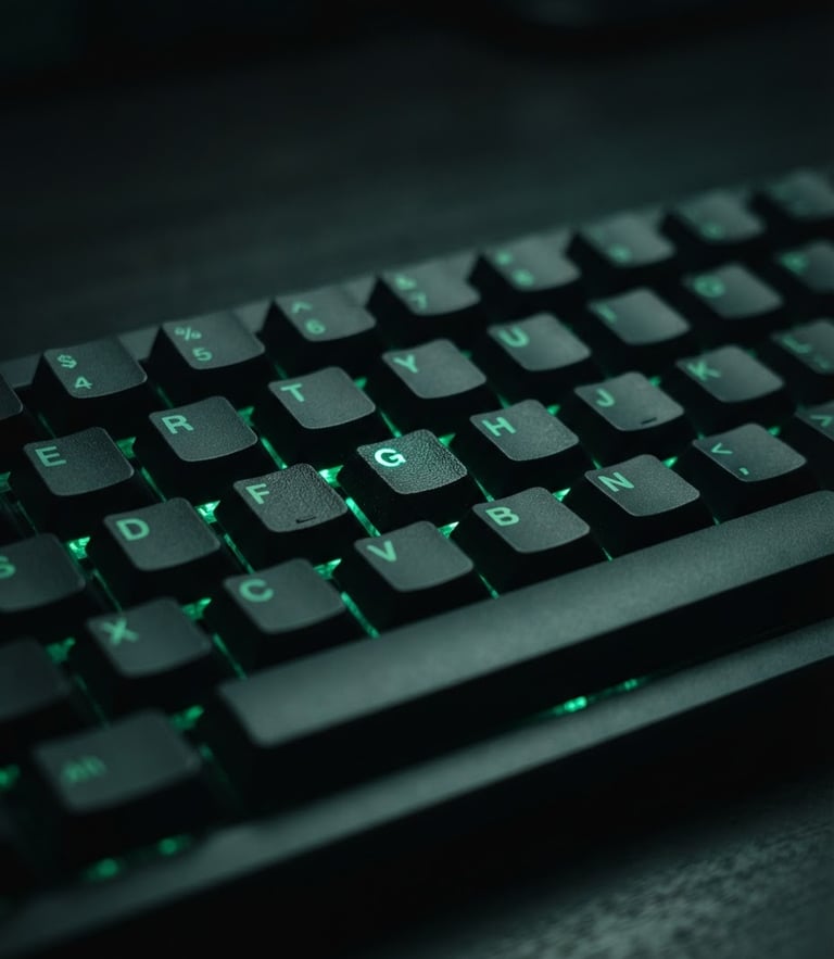 Moody close-up of a high-end mechanical keyboard on a dark desk, glowing emerald green LED backlight, shallow depth of field, sharp macro focus