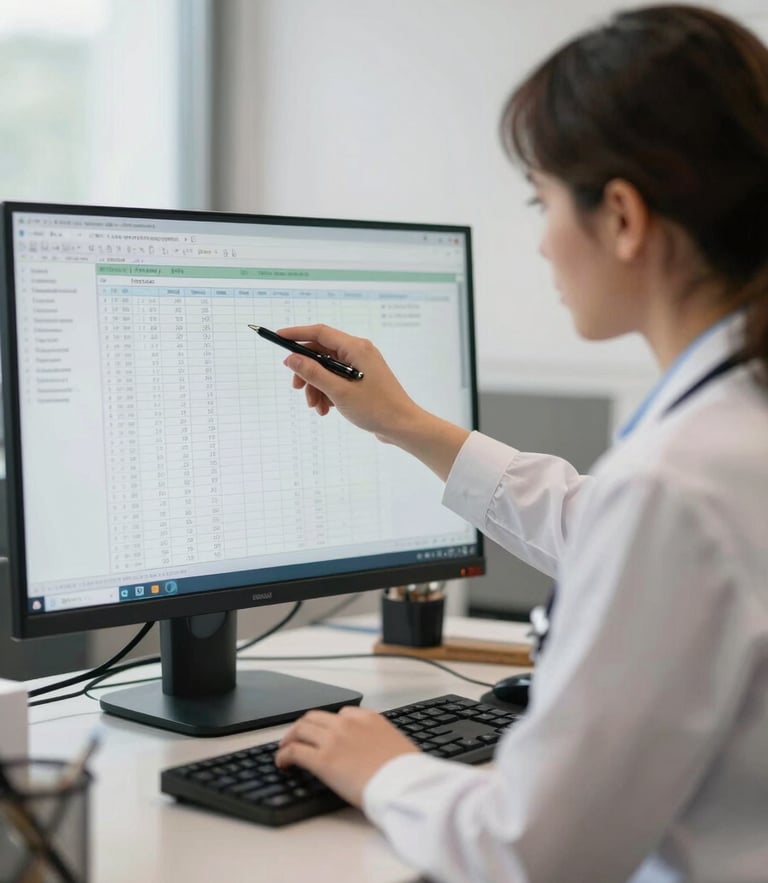 A professional healthcare administrator analyzing data spreadsheets on a large desktop monitor in a brightly lit, neutral office environment