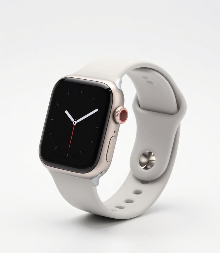 Bright high-key product photography of a modern smartwatch on a clean white studio backdrop, crisp professional lighting, sharp focus, 50mm