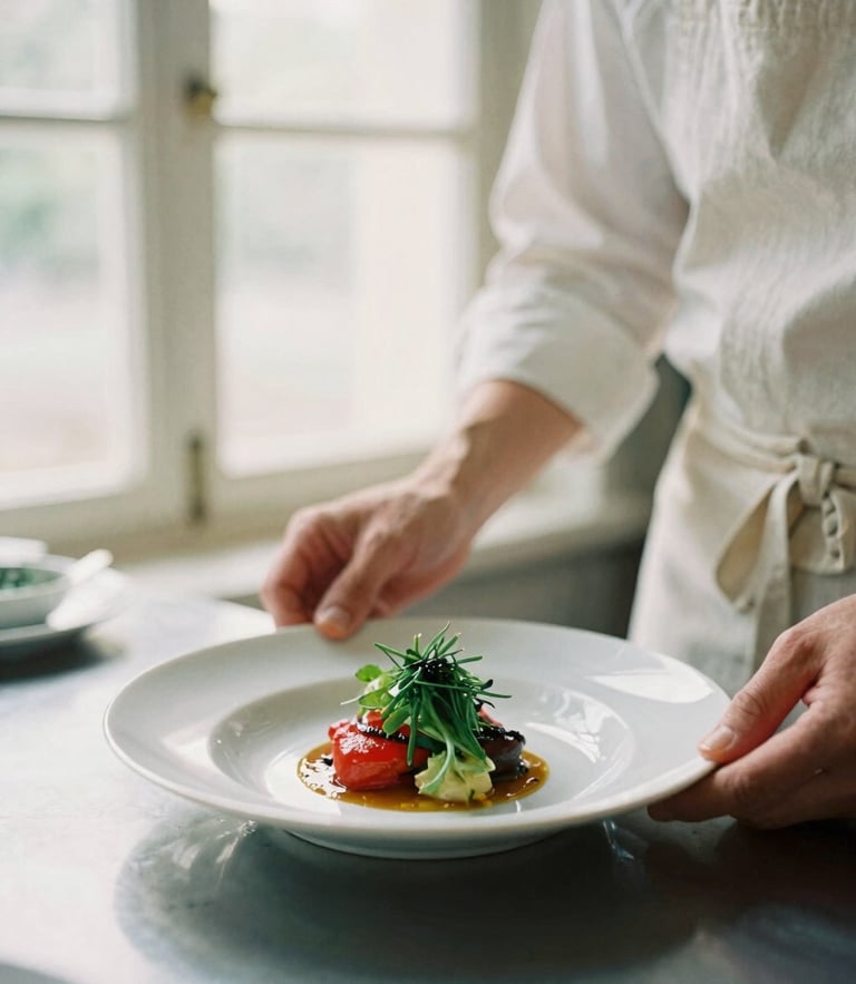 A chef in a clean linen apron carefully plating a vibrant dish in a beautifully lit kitchen, soft natural window light, shallow depth of field, 35mm film