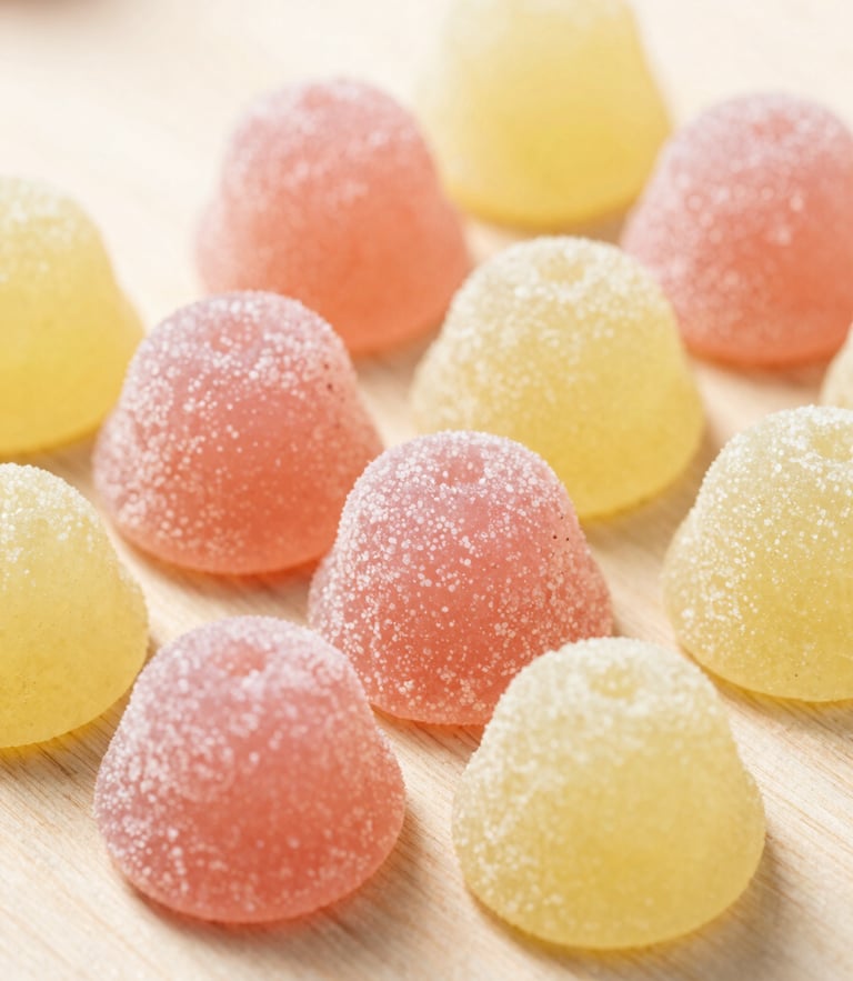 Extreme macro shot of colorful Swedish sour-dusted gummy candies on a light birch wood surface, soft natural daylight, pastel pink and yellow tones.