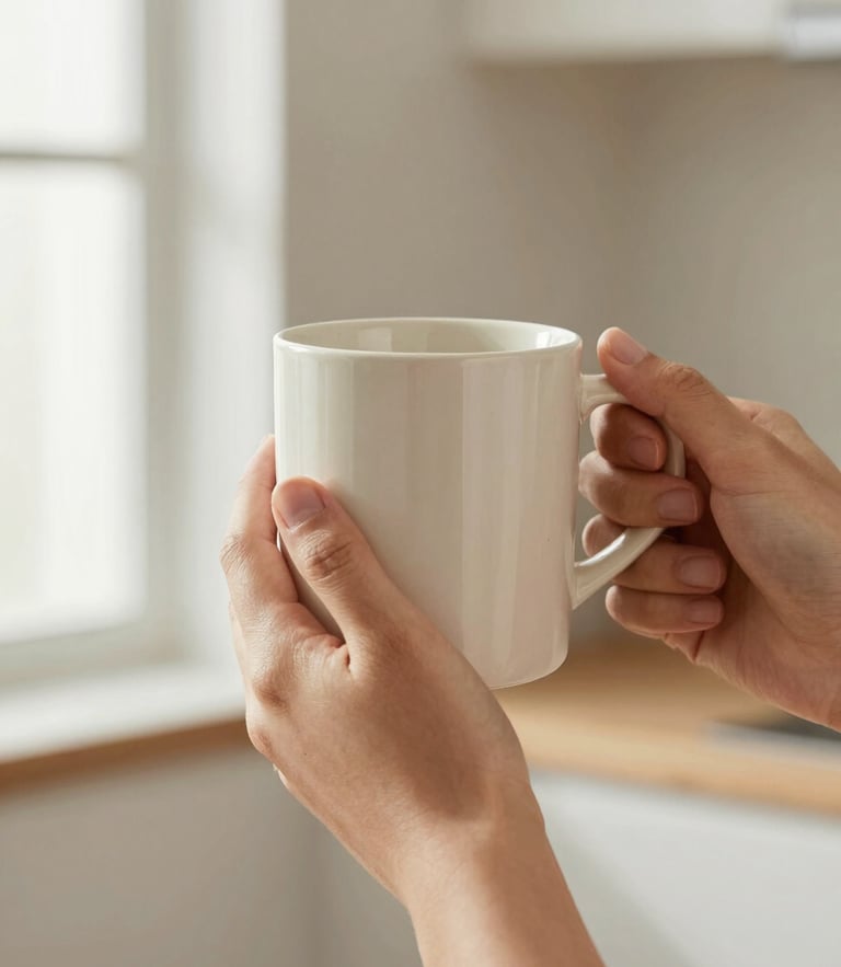 Close-up of hands holding a warm ceramic mug in a modern kitchen, soft window light, clean neutral background.