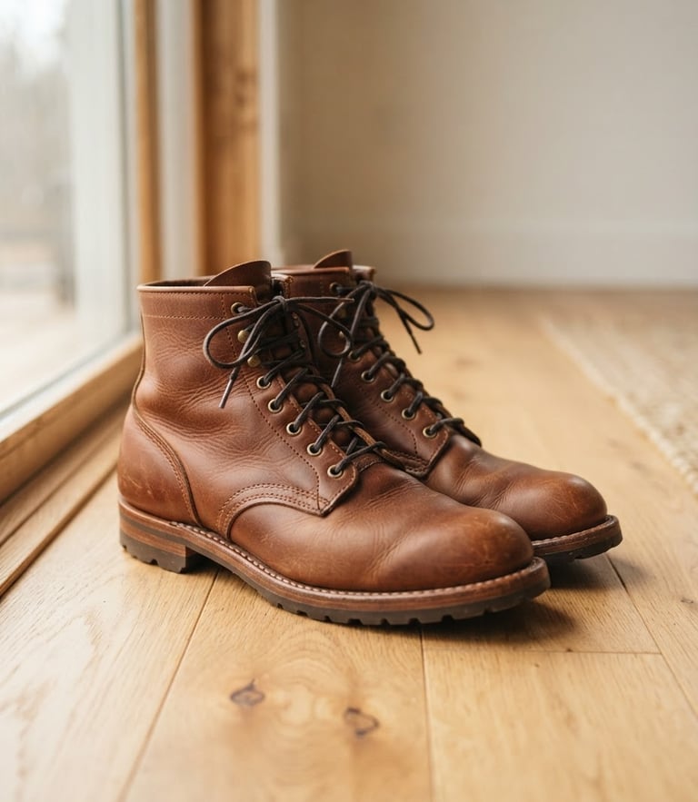 A pair of premium leather boots resting on a clean wooden floor with natural window light casting soft shadows, 50mm lens.