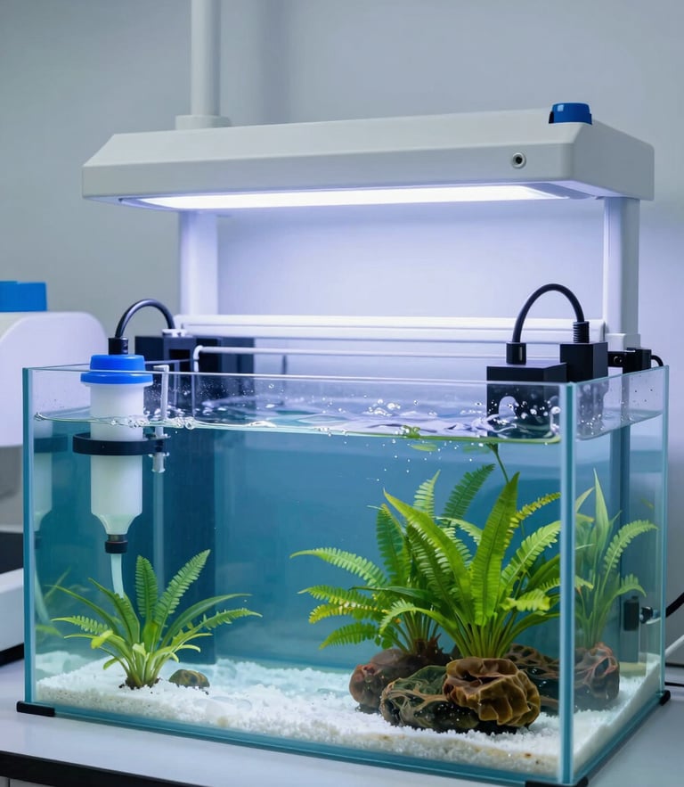 Bright cool-toned laboratory lighting on a clean, modern saltwater aquaculture tank with organized filtration systems and thriving marine life, high-key daylight, sharp focus.