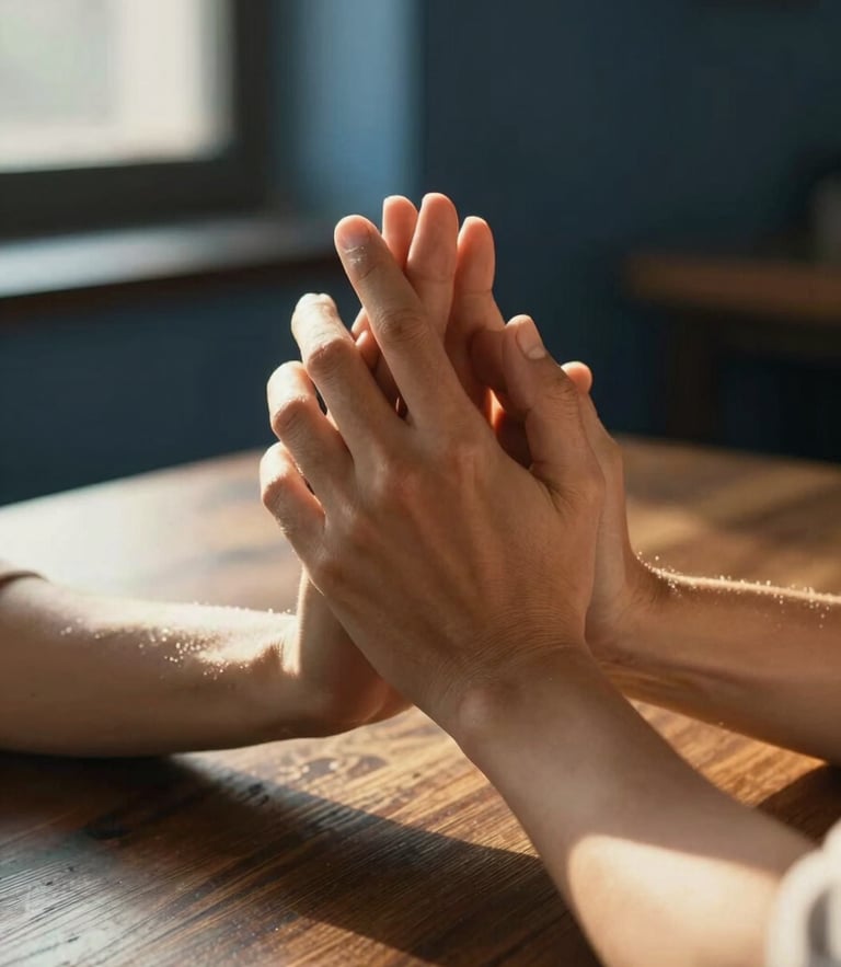 Close-up on hands clasped in agreement over a dark wooden table, soft directional golden hour sun, warm editorial photography