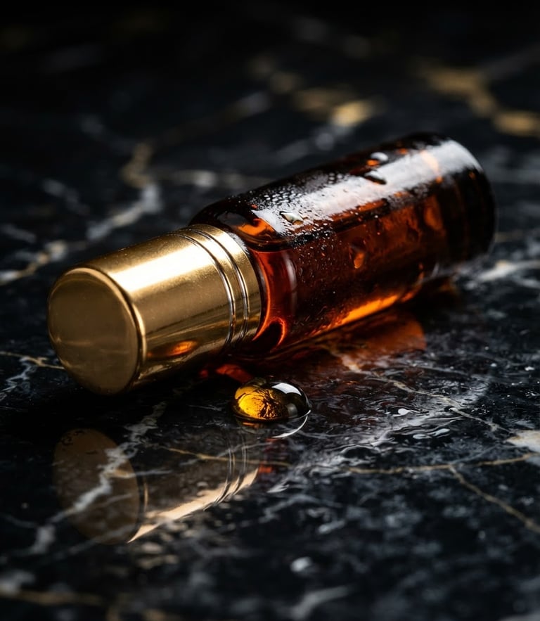 Extreme macro close-up of a sleek 6ml glass roll-on bottle resting on wet black marble, glistening amber oil droplet, high-contrast studio lighting with deep dramatic shadows, gold reflections