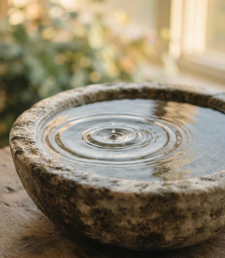 Soft-focus water ripples in a stone basin, warm morning sunlight, muted sage and gold tones, shallow depth of field