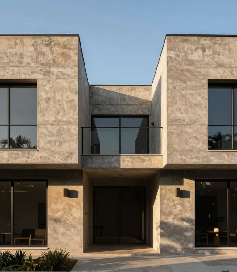 Symmetrical architectural exterior of a modern concrete house in Hidalgo under intense afternoon sunlight, casting sharp geometric shadows