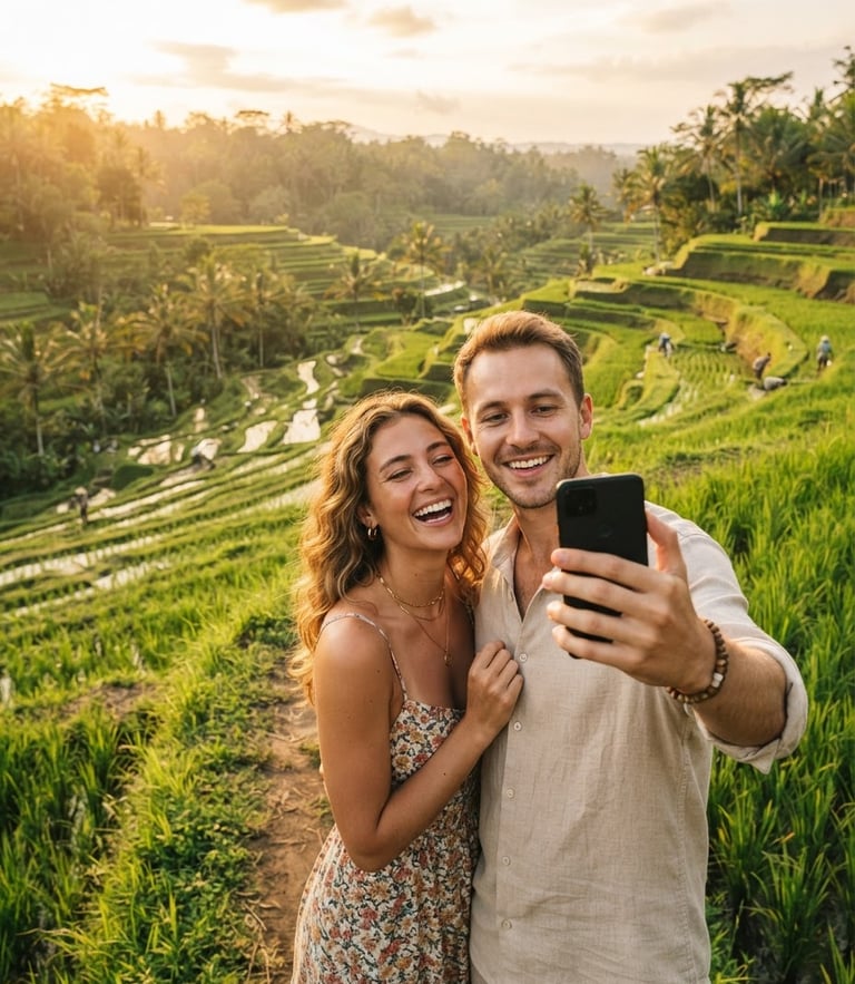 A smiling couple taking a selfie with a scenic Balinese rice terrace background, warm golden-hour sunlight, editorial travel photography.