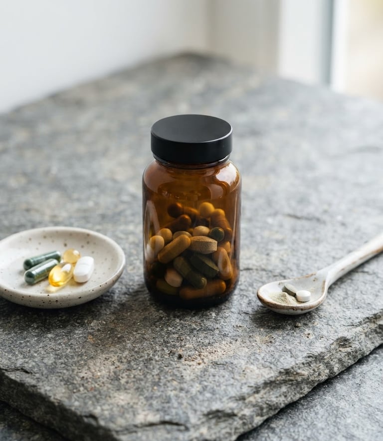 Minimalist product shot of health supplements on clean textured stone, bright natural daylight, sharp focus, 50mm lens