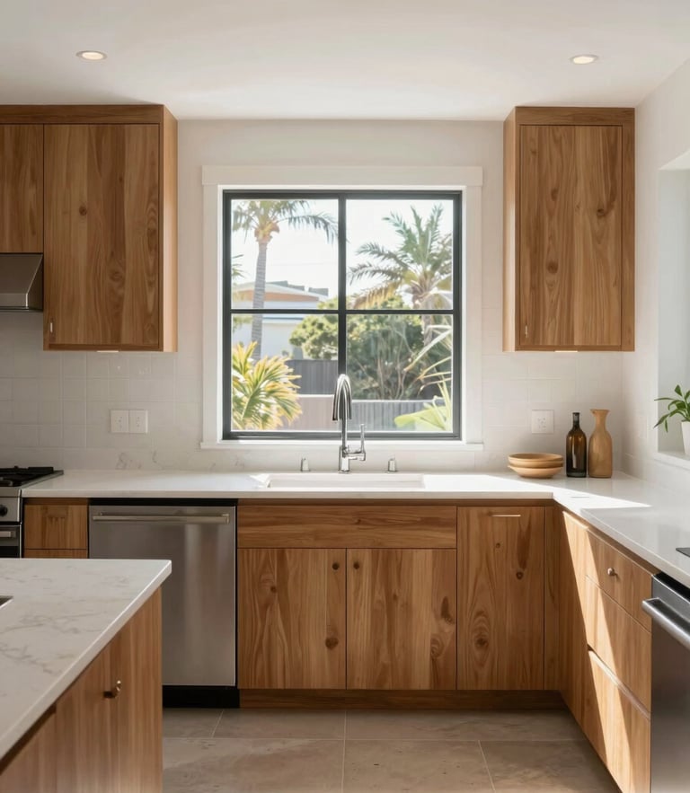 Straight-on architectural shot of a modern kitchen with warm oak cabinets, white quartz countertops, natural Southern California sunlight pouring through a large window, sharp focus.