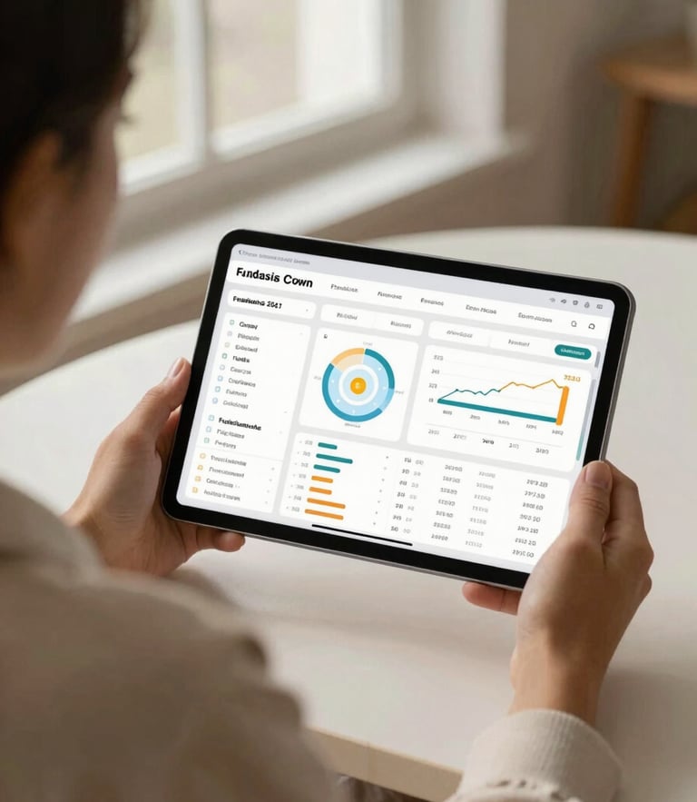Over-the-shoulder shot of a digital marketer analyzing a complex fundraising dashboard on a tablet, warm natural window light, muted cream tones