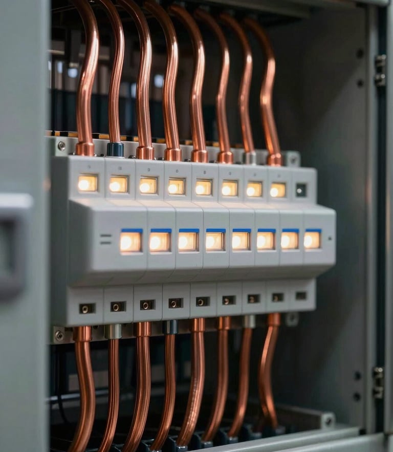 Extreme close-up of perfectly organized electrical panel with copper busbars, dramatic high-contrast industrial lighting, glowing LEDs against dark factory background.