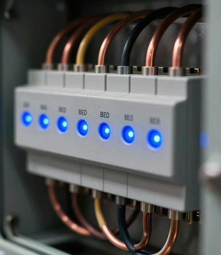 Extreme close-up of an industrial electrical panel with perfectly aligned wires and copper busbars, sharp focus, dramatic electric blue LED indicator glow, dark technical background.