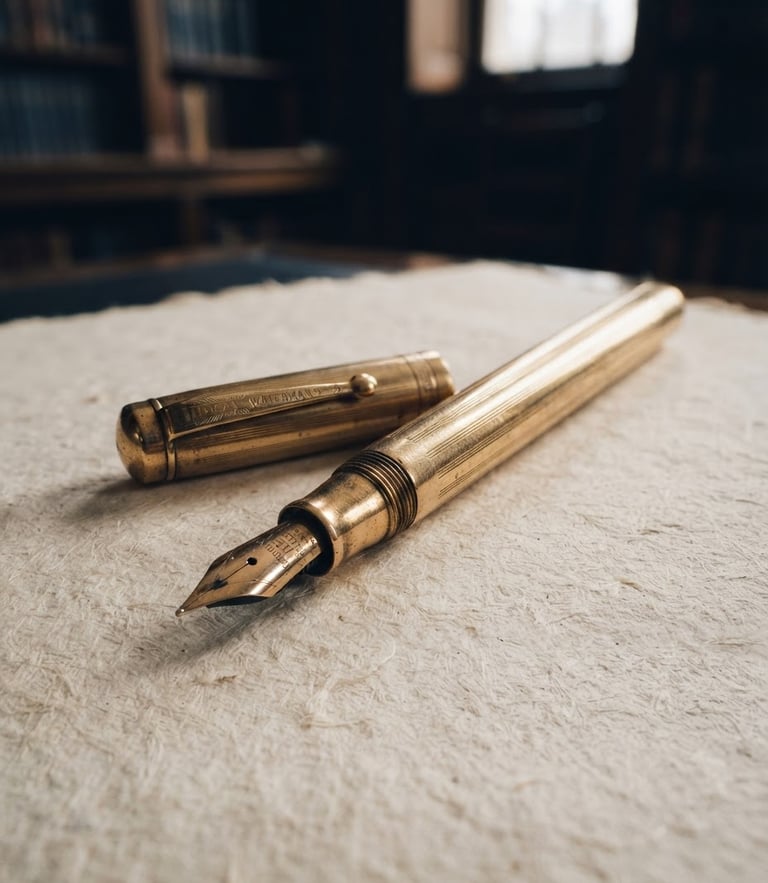Macro close-up of a vintage gold fountain pen resting on heavy textured cream paper, soft indirect library light, deep navy shadows, sober editorial photography, 35mm