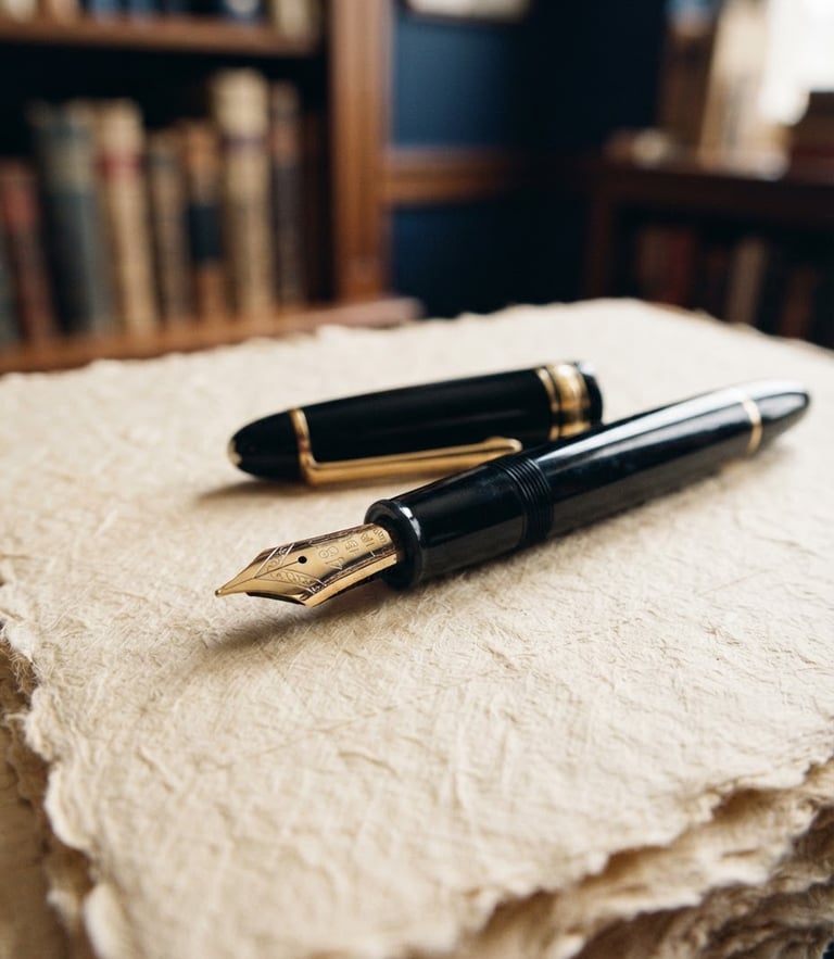 Macro close-up of a classic fountain pen resting on heavy textured paper, soft indirect library light, warm champagne and deep navy tones, sober editorial photography, 35mm